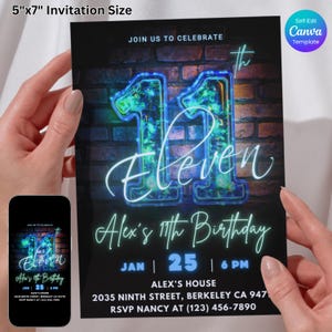 11th Birthday Invitation – Neon Blue Glow Party for Boys, Editable Canva Template, Digital Download, Printable Birthday Party Invite