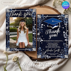 Marineblau Silber Abschlussfoto Dankeskartenvorlage, High School College Grad Party Geschenk, bearbeitbare Klasse von 2025 Dankeschön Hinweis Canva