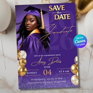 Paarse gouden afstudeeruitnodiging – bewerkbare Save the Date-sjabloon voor klas 2026, High School of College Grad Party, digitale download
