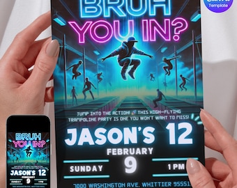 Trampoline Park Birthday Invitation, Neon Jump Party Invite, Editable Canva Template, Digital Download, High-Flying Action Party Card, Bruh