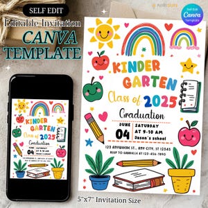 Kindergarten Abschluss Einladung, Kindergarten Ankündigung Party einladen, Canva Bearbeitbare Vorlage Klasse von 2025 Kindergarten graduierte für Kind