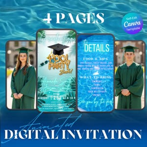 Puede incluir: Una invitación digital para una fiesta de graduación en la piscina, con un fondo de agua azul. La invitación incluye detalles como la fecha, la hora y el lugar. También se muestran los nombres de los graduados, junto con el texto "Animated Digital Invitation."