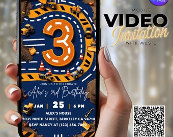 Construction Birthday Invitation: 3rd Birthday Invite for Boys (Animated Dump Truck Party, Editable Template, Mobile Video Evite Download)