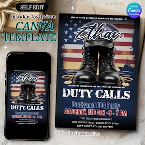 Uitnodiging leger, marine-afscheidsuitnodiging, uitnodiging militaire afscheidsfeestje, Duty Calls Send-Off BBQ-uitnodiging, bewerkbare canvas militaire geschenken