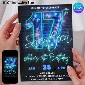Modelo de convite de aniversário de 17 anos azul neon, Canva editável, convite para festa de 17 anos de meninos, convite com tema de festa Glow, download digital