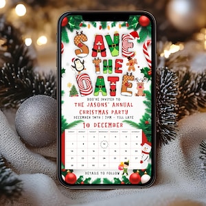 Könnte beinhalten: Ein Smartphone-Bildschirm zeigt eine Weihnachtsparty-Einladung. Das Design zeigt den Text "SAVE THE DATE" in festlicher Schrift, zusammen mit einem Kalender für den 10. Dezember. Weihnachtliche Illustrationen schmücken die Einladung.