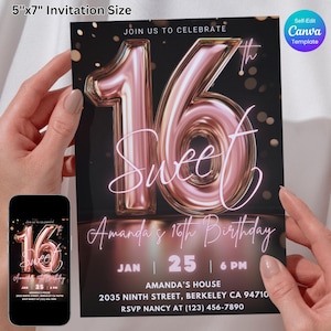 Sweet 16 Geburtstagseinladung, Neon Rose Gold 16. Geburtstagseinladungsvorlage bearbeitbar, Mädchen zum 16. Geburtstag Party einladen, digitaler Download