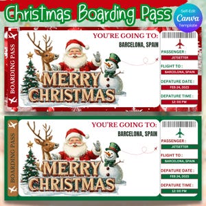 Modèle de carte d'embarquement de Noël, billet d'avion modifiable pour un voyage surprise, cadeau de voyage de Noël à imprimer, idée de vacances surprise