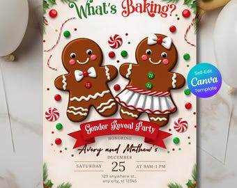 Convite para Chá Revelação de Gênero com Biscoitos de Gengibre: Tema "O Que Está Assando?", Modelo Editável, Placa para Festa de Natal com Tema de Confeitaria, Convite para Chá Revelação de Gênero no Natal