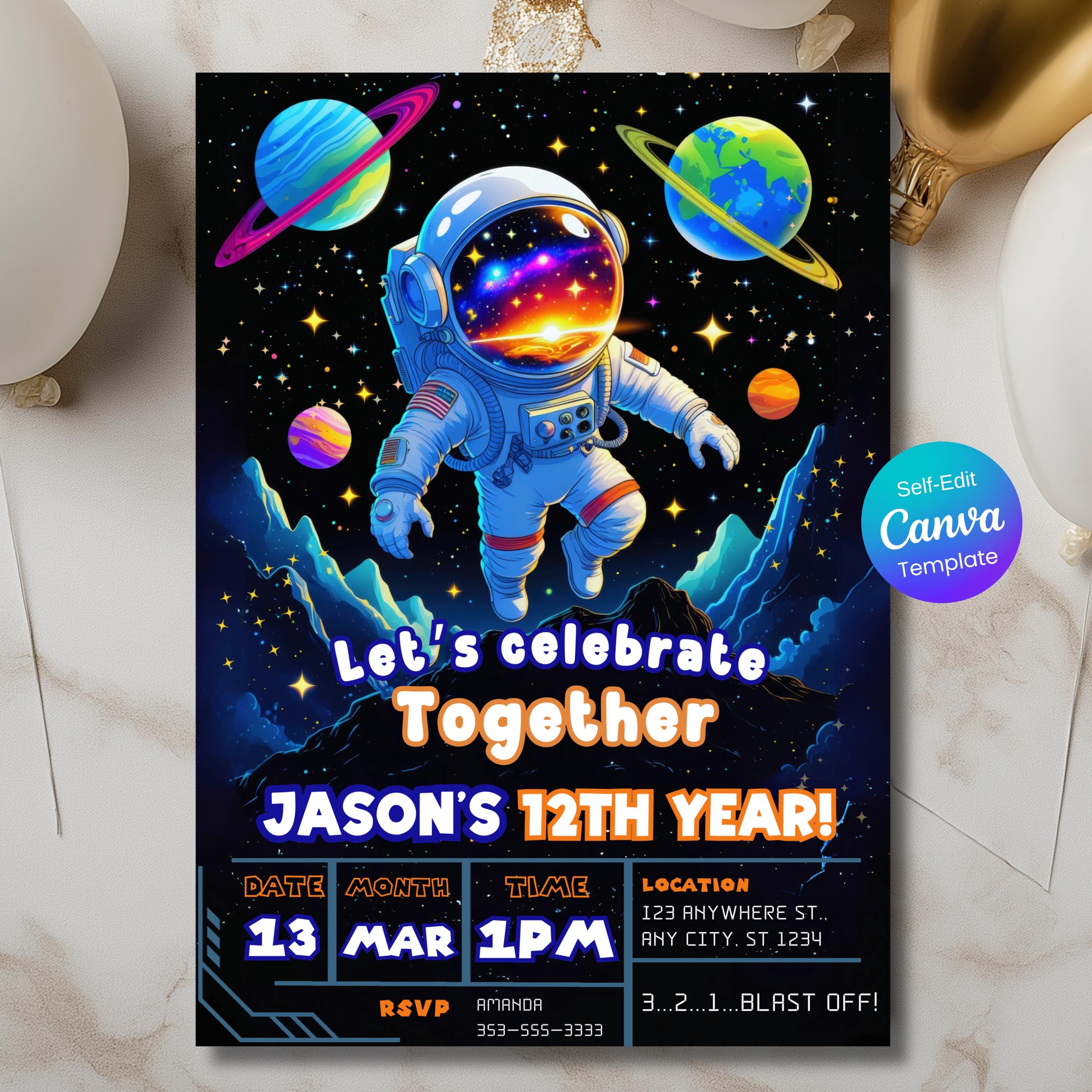 Space Birthday Invitation, Astronaut Galaxy Party Invite, Editable Canva Template, Digital Download, Outer Space Galaxy Blast Off Birthday