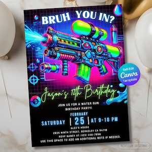 Water Gun Birthday Invitation, Pool Party Invite, Any Age, Water Balloon Fight Party, Editable Template, Digital Evite, Printable Card Boys