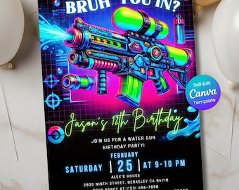 Uitnodiging voor een verjaardag met waterpistool, uitnodiging voor een zwembadfeestje, voor alle leeftijden, waterballonnengevecht, bewerkbare sjabloon, digitale uitnodiging, printbare kaart voor jongens