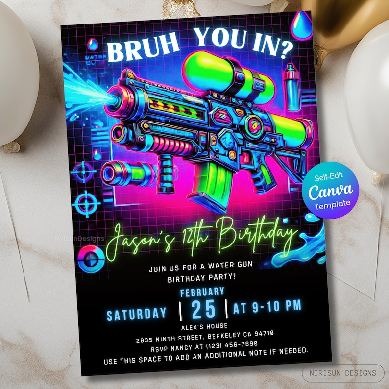 Make a splash at your next party with this bold and electrifying editable water bash birthday invitation! Designed with neon colors, retro gaming vibes, and a futuristic water blaster theme, this Canva template is perfect for a cool backyard celebration! 💦🔫🎮