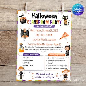 May include: A Halloween classroom party invitation template featuring illustrations of a vampire, a black cat, a potion bottle, a pizza slice, and children in costumes. The text includes event details, party highlights, and friendly reminders.