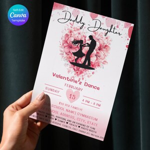 パパと娘のバレンタインデーダンス招待状テンプレート、スイートハートダンス招待状、スクールダンスチラシ、編集可能なCanva印刷可能Instダウンロード