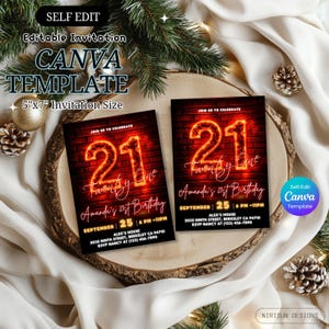 21e verjaardagsuitnodiging – neonrode gloed feestsjabloon, bewerkbaar canvasontwerp, rode en zwarte glitterglamour, digitale download, afdrukbare uitnodiging afbeelding 7