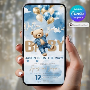 Könnte beinhalten: Babyparty-Einladung auf einem Smartphone-Bildschirm. Das Design zeigt einen Teddybären in Jeanskleidung mit Luftballons vor blauem Himmel. Der Text enthält "We Can Bearly Wait BABY" und Eventdetails.