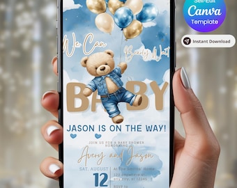 We Can Bearly Wait Baby Shower Invitation, Teddy Bear Blue Boho Boy Digital Invite, Editable Canva Template, Brown Bear Balloon Baby Shower