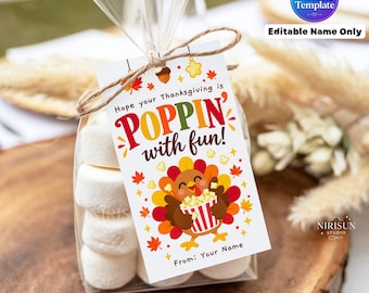 Thanksgiving Popcorn Gift Tag, Editable Name Turkey Treat Tag, Printable Fall Classroom Favor, Thanksgiving Snack Tag, Classroom Treat Tag