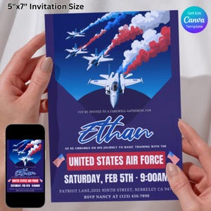 Invitation fête des départs de l'armée de l'air, célébration d'adieu militaire, modèle de toile modifiable, téléchargement numérique, carte d'envoi patriotique