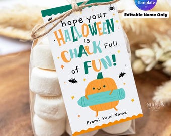 Halloween Chalk Gift Tag Printable, Pumpkin Sidewalk Chalk Favor, Classroom Halloween Treat Tags, Editable Name, Non Candy Classroom Treat