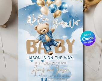 We Can Bearly Wait Baby Shower Invitation, Teddy Bear Blue Boho Boy Printable Invite Editable Canva Template, Brown Bear Balloon Baby Shower
