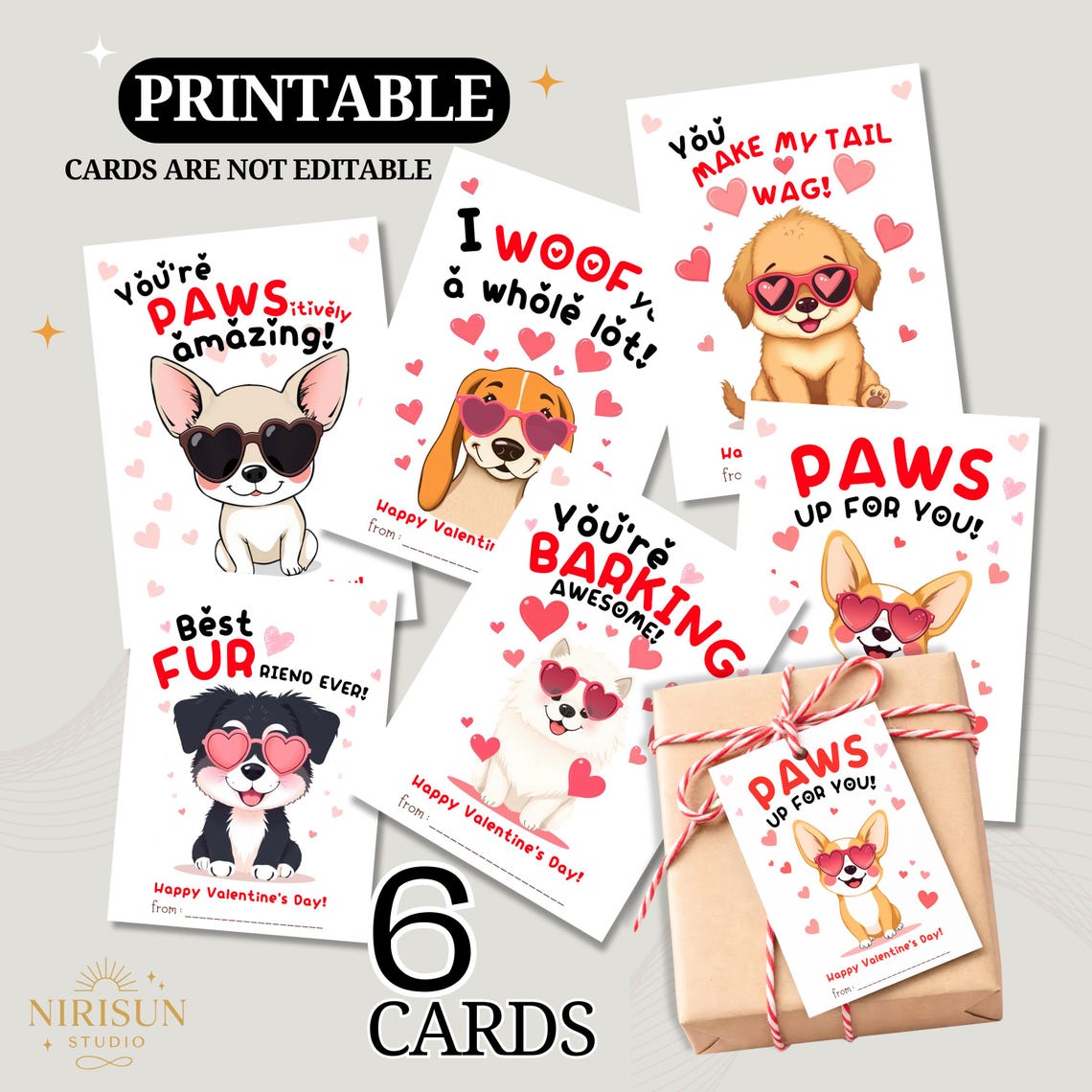 Dog Valentine Cards for Kids Printable, Cute Puppy Classroom Valentines ...