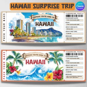 Hawaii Überraschungsreiseticket, Tropical Bordkarte Einladungsvorlage, Hawaii Ticket Bearbeitbares Canva Design, Hawaii Urlaubseventticket