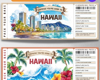 Boleto de viaje sorpresa a Hawái, plantilla de invitación para tarjeta de embarque tropical, diseño editable de Canva para boletos de Hawái, boleto para evento vacacional en Hawái