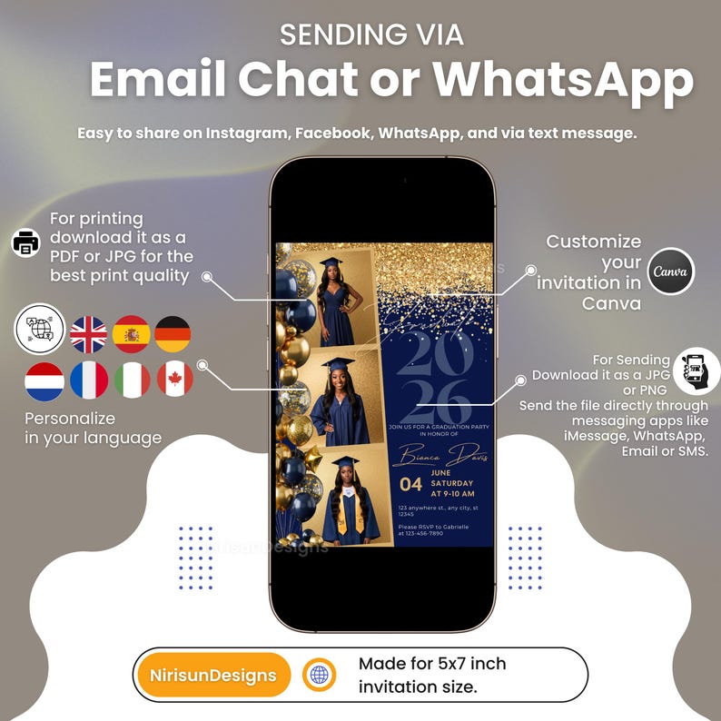 May include: A smartphone displays a graduation party invitation with a navy blue and gold design. The invitation includes the graduate's name, date, and time. The image also shows options for sharing and customizing the invitation.