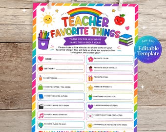 Teacher Favorite Things Form, Teacher Questionnaire, Teacher Appreciation Printable, Teacher Wishlist, Back to School Form Editable Template