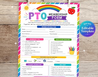 Editable PTO Membership Form, School Membership Form, Parent Group Sign Up Sheet, Printable School Organization Form, Back to School Form