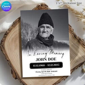 Modello di invito funebre modificabile minimale In memoria, stampabile, invito funebre, biglietto commemorativo in bianco e nero, annuncio di morte