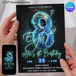 8th Birthday Invitation – Neon Blue & Green Glow Party for Kids, Editable Canva Template, Digital Download, Printable Neon Theme Invite