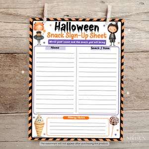 May include: A Halloween snack sign-up sheet with black and orange striped borders. The header reads Halloween Snack Sign-Up Sheet, with illustrations of a child in a pumpkin costume and a skeleton costume, plus a mummy ice cream and a spiderweb lollipop.