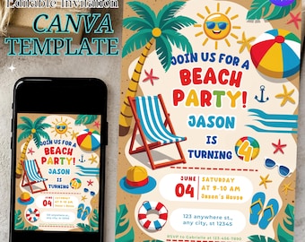Beach Party Invitation, Editable Summer Birthday Invite, Beach Birthday Party Invitation, Ocean Birthday Invitation, Summer Invitation Gift