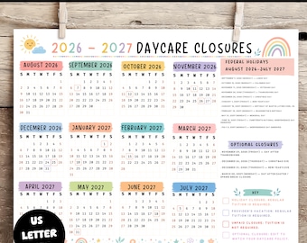 Editable 2026-2027 Daycare Closure Calendar Template, Printable Childcare Holiday Calendar, Schedule for Preschool, Home Daycare Calendar