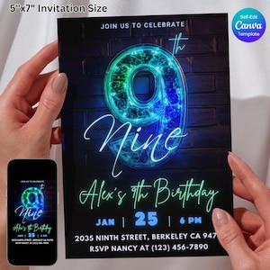 Neon 9. Geburtstagseinladung, blaues Neon Glow Party einladen, digitaler Download, selbst bearbeitete Canva Vorlage für Jungen, druckbare Geburtstagsparty für Jungen