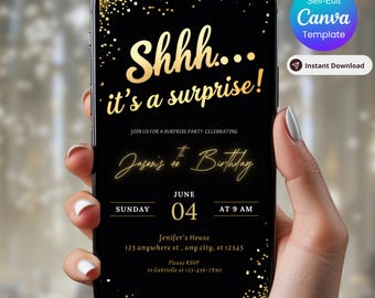 Überraschungs-Geburtstags-Einladung, Schwarz und Gold-Glitter-Party, personalisiert für jedes Alter 30.40.50, Erwachsene Party-Einladung Digital einladen