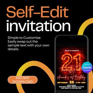 21e verjaardagsuitnodiging – neonrode gloed feestsjabloon, bewerkbaar canvasontwerp, rode en zwarte glitterglamour, digitale download, afdrukbare uitnodiging afbeelding 6