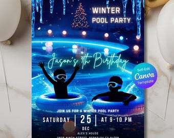 Winter Pool Party Invitation: Indoor Pool Party Theme, Winter Party for Kids, Editable Canva Template, DIY Printable Invite, Digital invite