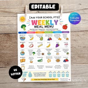 Peut inclure: Un modèle de menu hebdomadaire modifiable pour les écoles présentant une mise en page en grille avec des colonnes du lundi au vendredi et des lignes pour les repas. Le document inclut des illustrations colorées de nourriture et de l'eau.