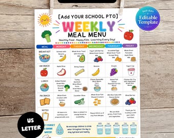 Editable Weekly Meal Menu Template, Printable School Lunch Menu, Preschool Daycare Food Menu, Classroom Menu, Snack Schedule, Menu Sheet