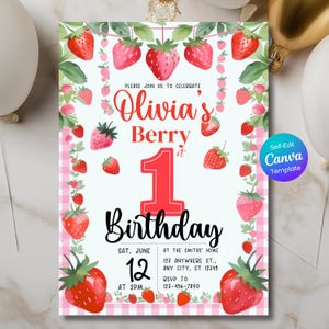 Berry 1st Birthday Invitation, Babys First Birthday, Strawberry Digital Invite, Berry Mobile Invite, Canva Editable Template, Printable card