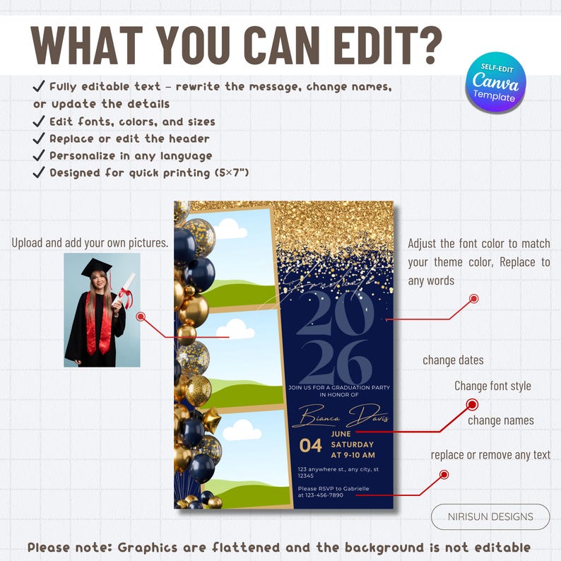 May include: A navy blue graduation party invitation with gold glitter accents and the text "2026." The invitation includes editable fields for names, dates, and other details. The design is a Canva template.
