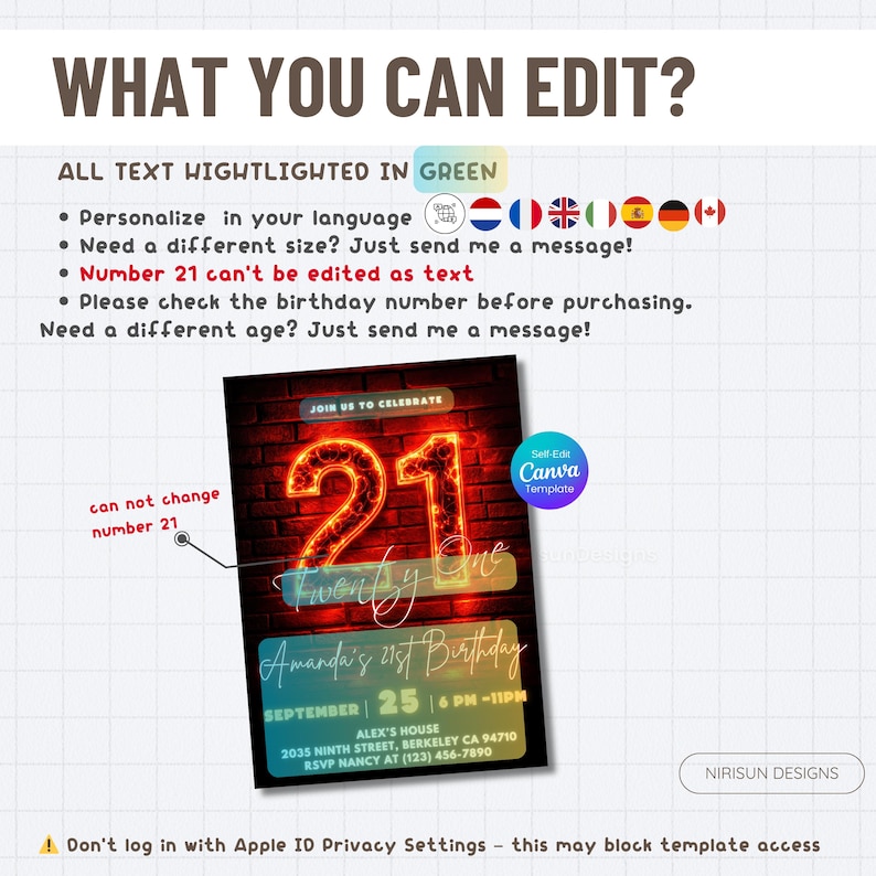 21e verjaardagsuitnodiging – neonrode gloed feestsjabloon, bewerkbaar canvasontwerp, rode en zwarte glitterglamour, digitale download, afdrukbare uitnodiging afbeelding 3