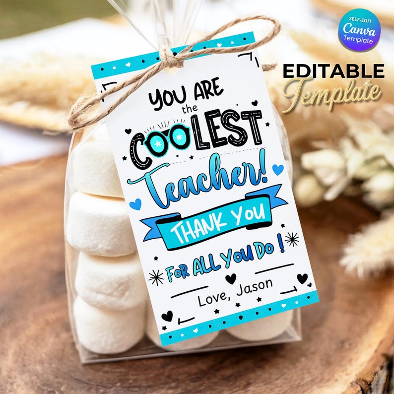 Editable teacher appreciation thank you tag template featuring a fun and modern design. This printable tag is perfect for end of school year gifts, summer teacher appreciation, and classroom celebrations. Includes multiple tags per page in a 2x3.5 inch size, easy to personalize in Canva with names and custom messages. Ideal for attaching to small gifts, treats, or thank you packages. Instant download for quick printing at home or professionally.