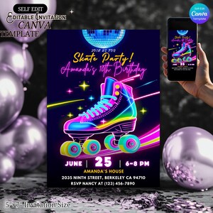 Editable roller skate birthday invitation with neon glow design and disco ball. Canva template for kids or teen party printable digital download. roller skate birthday, neon birthday invite, skate party invitation, editable invite, Canva template, disco birthday invite, glow party invitation, girls birthday invite, boys birthday invite, printable invite, kids birthday invite, teen party invitation, roller rink invite