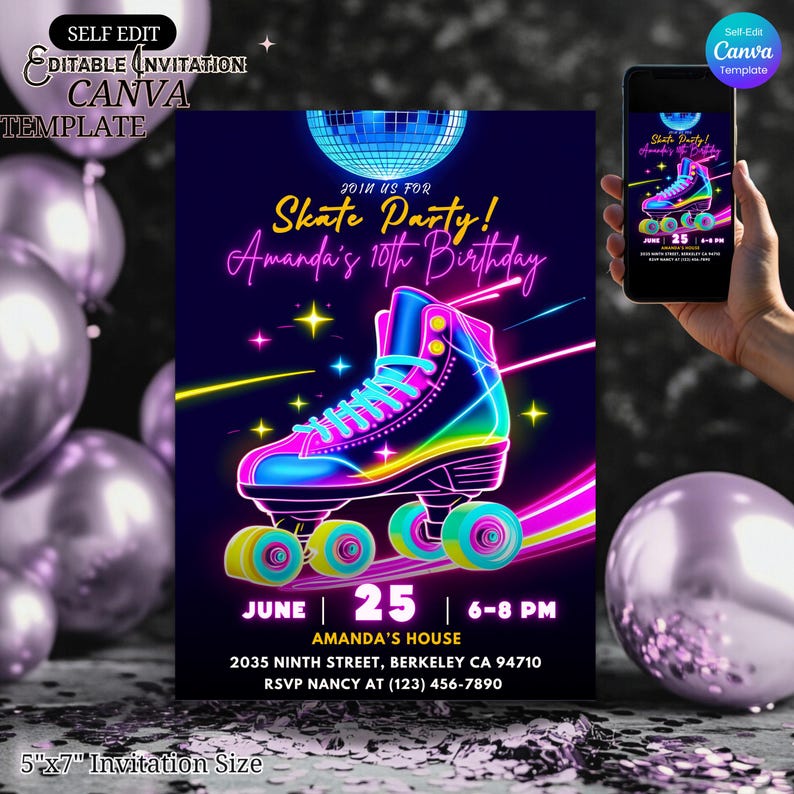 Editable roller skate birthday invitation with neon glow design and disco ball. Canva template for kids or teen party printable digital download. roller skate birthday, neon birthday invite, skate party invitation, editable invite, Canva template, disco birthday invite, glow party invitation, girls birthday invite, boys birthday invite, printable invite, kids birthday invite, teen party invitation, roller rink invite