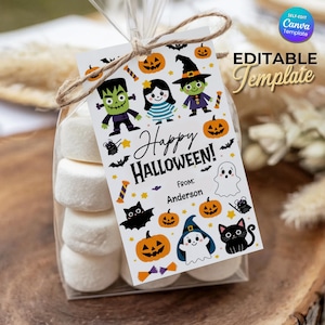 May include: A clear cellophane bag filled with marshmallows, tied with twine, and a Halloween-themed tag. The tag features cartoon characters, pumpkins, and the text "Happy Halloween!" with the name "Anderson".